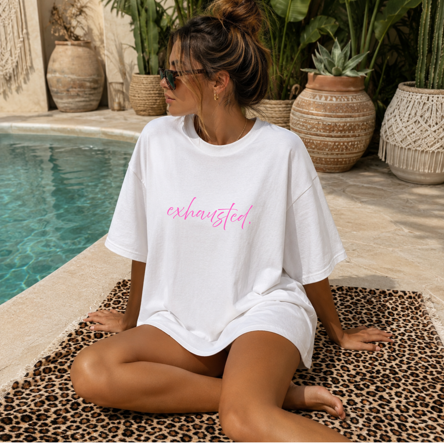 Exhausted T-Shirt — Pink Script Graphic Tee for Moms & Tired Girls