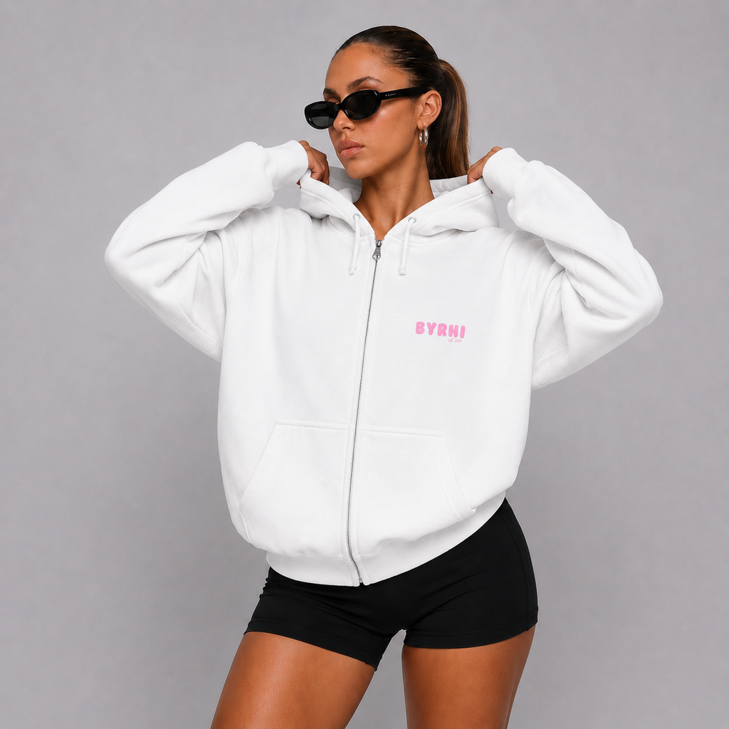 Full-Zip Hoodie — "BYRHI" Pink Logo Zip-Up Sweatshirt
