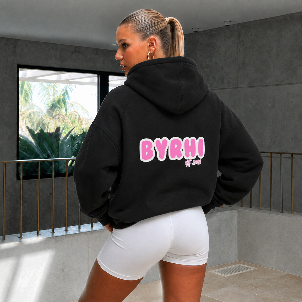 Full-Zip Hoodie — "BYRHI" Pink Logo Zip-Up Sweatshirt