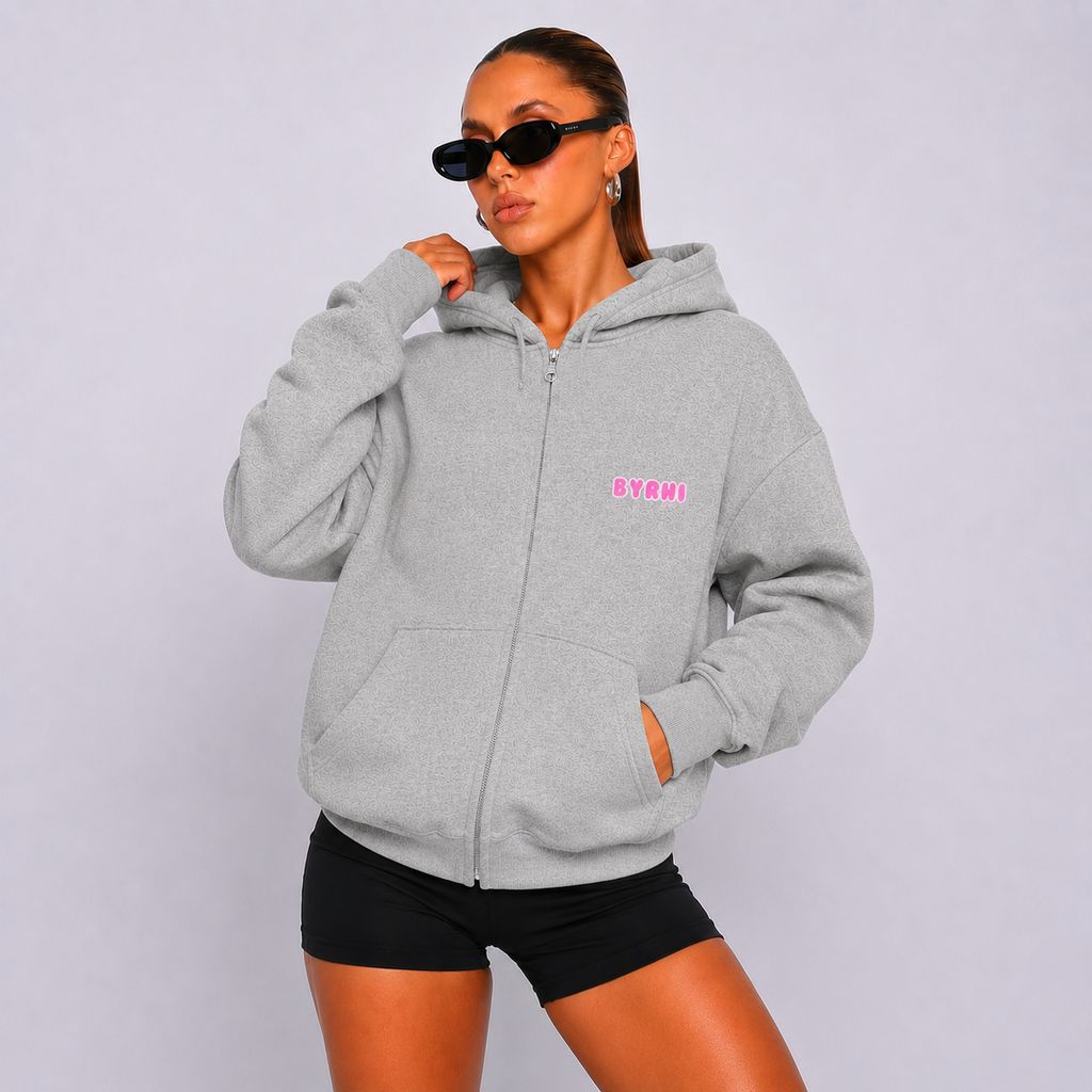 Full-Zip Hoodie — "BYRHI" Pink Logo Zip-Up Sweatshirt