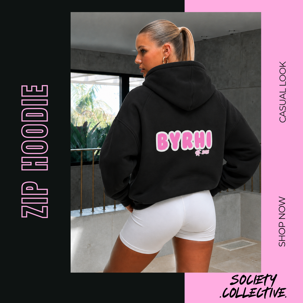 Full-Zip Hoodie — "BYRHI" Pink Logo Zip-Up Sweatshirt