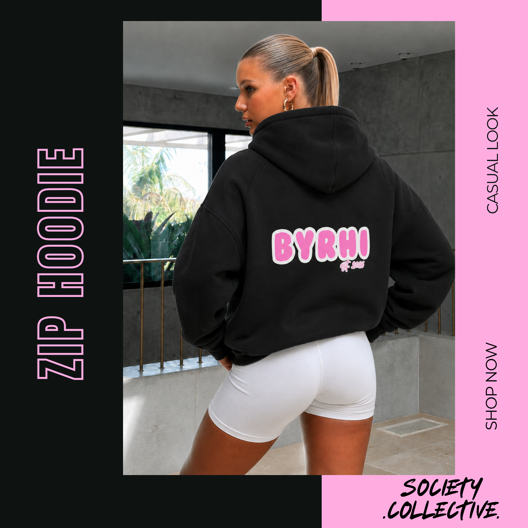 Full-Zip Hoodie — "BYRHI" Pink Logo Zip-Up Sweatshirt
